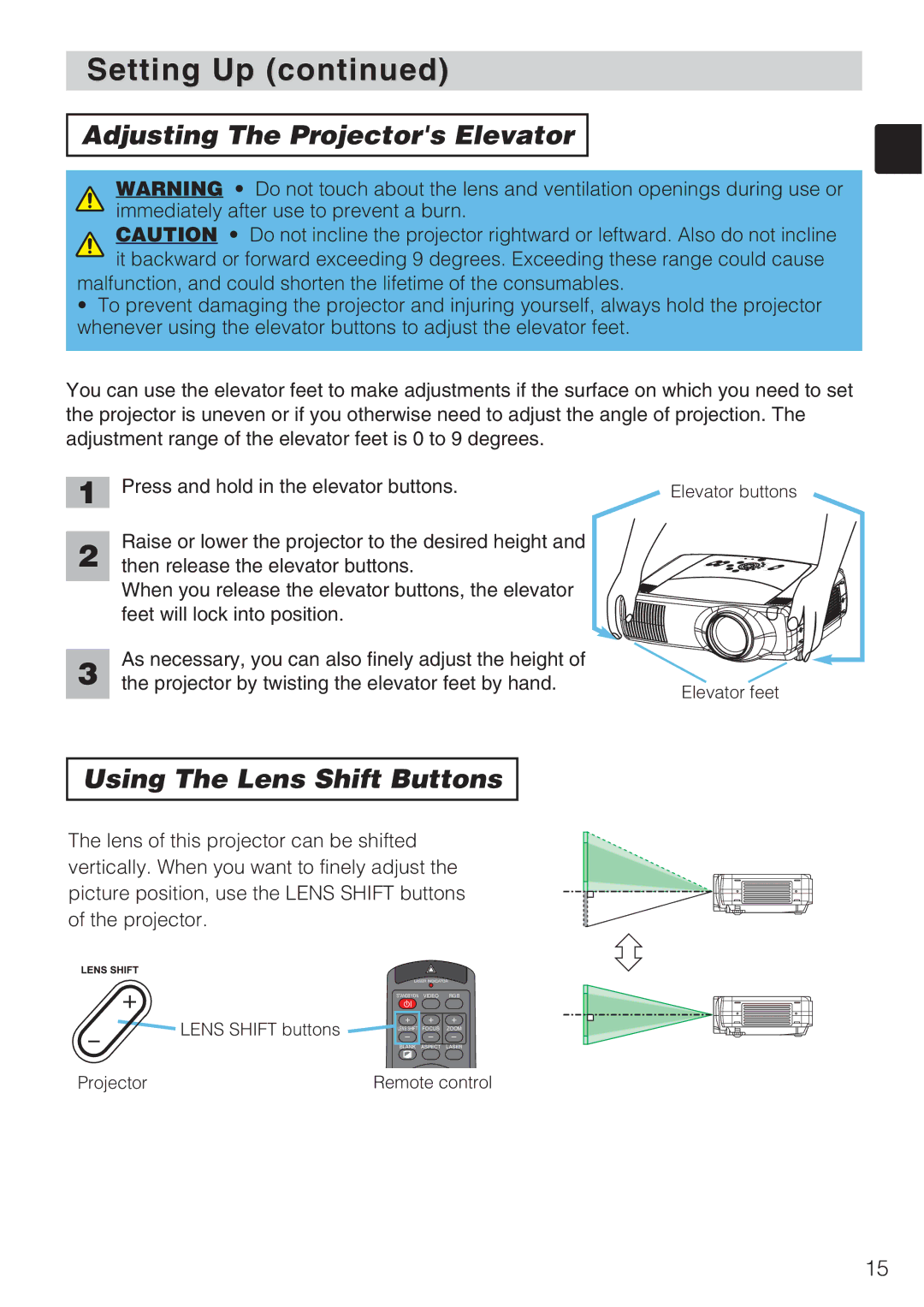 Toshiba TLP-SX3500 user manual Adjusting The Projectors Elevator, Using The Lens Shift Buttons 