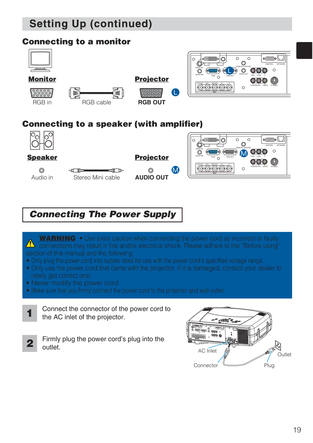 Toshiba TLP-SX3500 user manual Connecting The Power Supply, MonitorProjector, SpeakerProjector, Audio OUT 