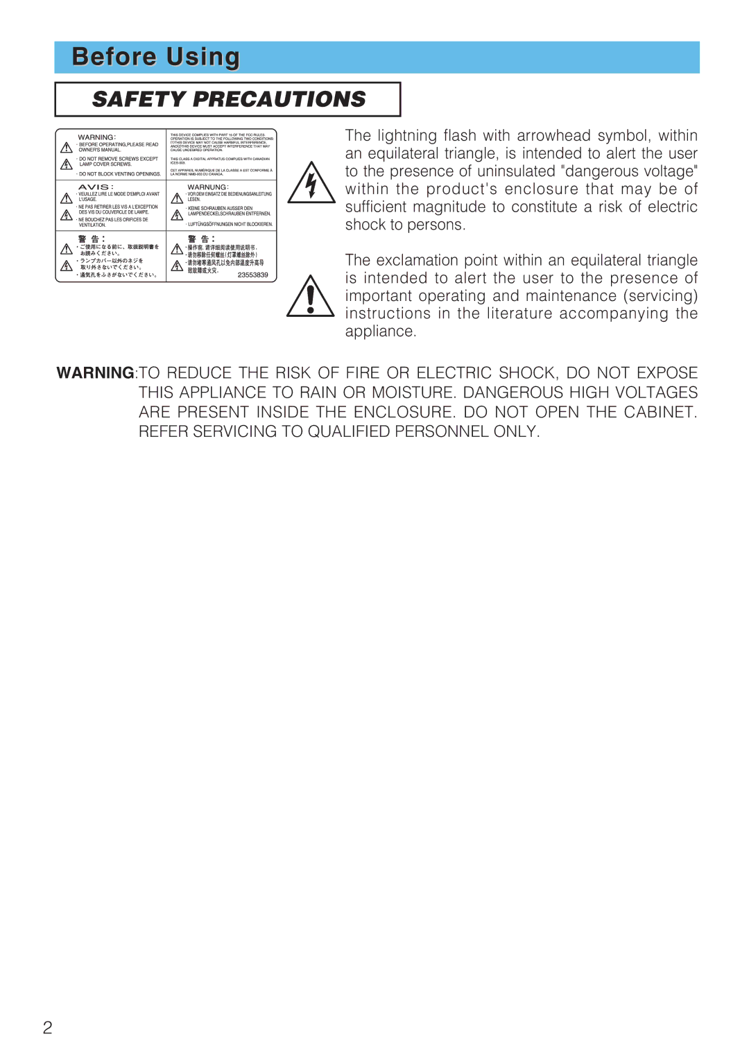 Toshiba TLP-SX3500 user manual Before Using, Safety Precautions 