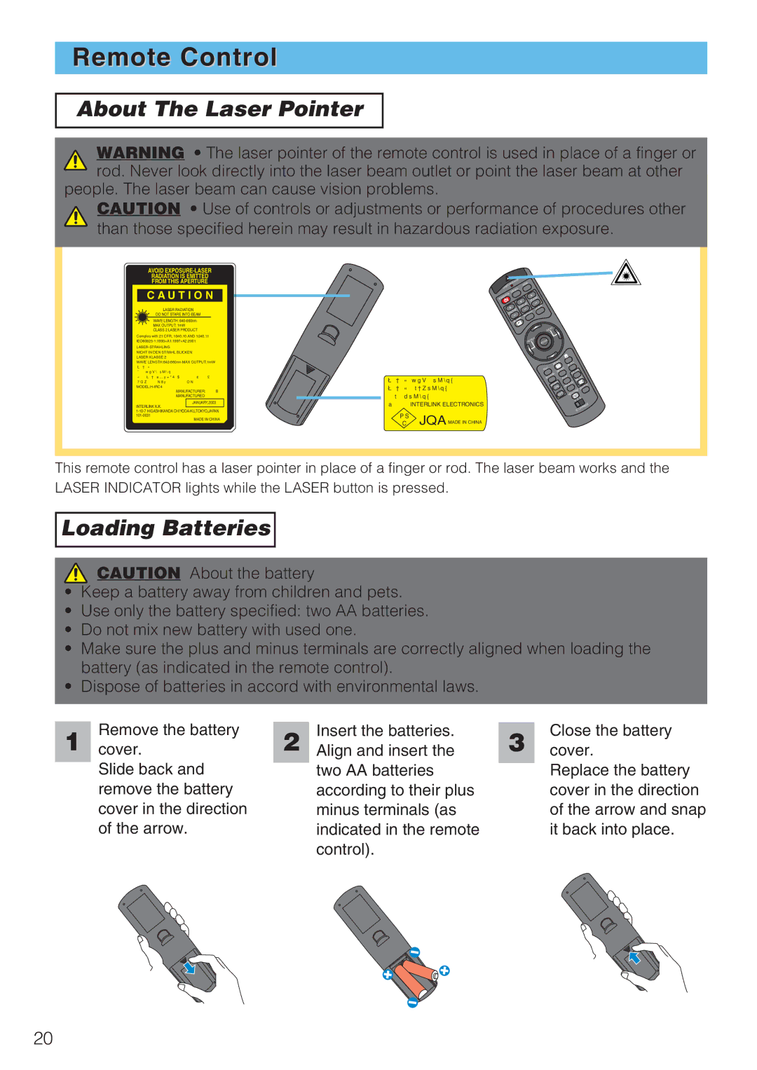 Toshiba TLP-SX3500 user manual Remote Control, About The Laser Pointer, Loading Batteries 