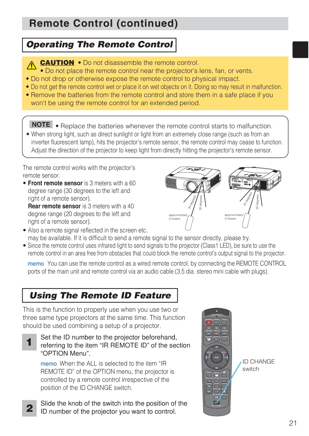 Toshiba TLP-SX3500 user manual Operating The Remote Control, Using The Remote ID Feature 