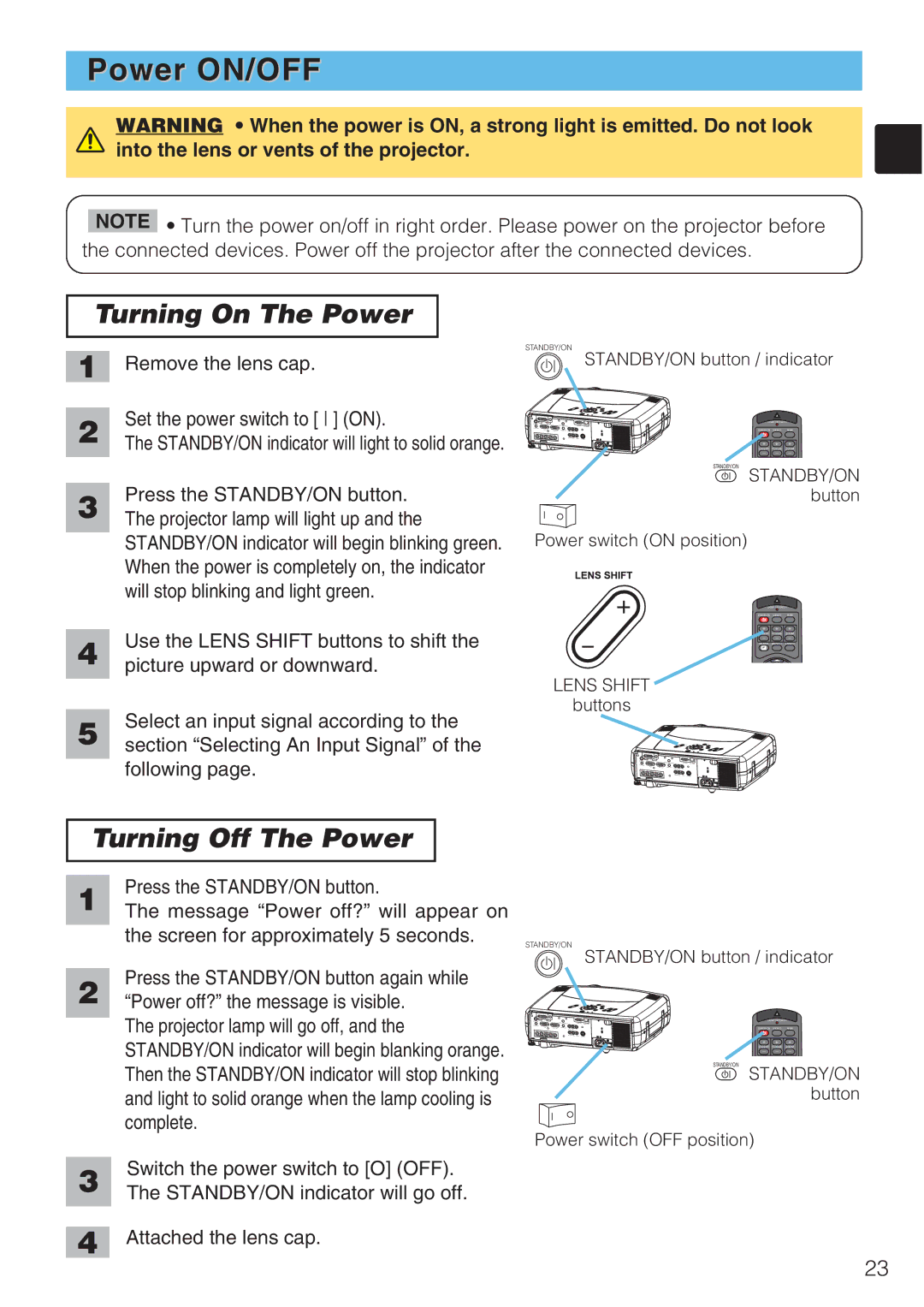 Toshiba TLP-SX3500 user manual Power ON/OFF, Turning On The Power, Turning Off The Power 