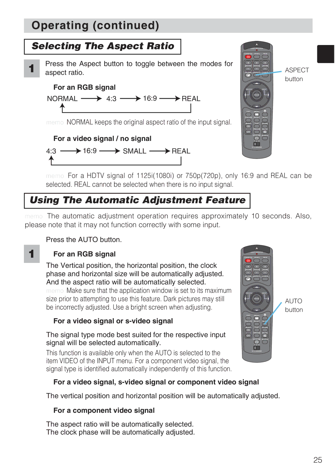 Toshiba TLP-SX3500 user manual Selecting The Aspect Ratio, Using The Automatic Adjustment Feature 