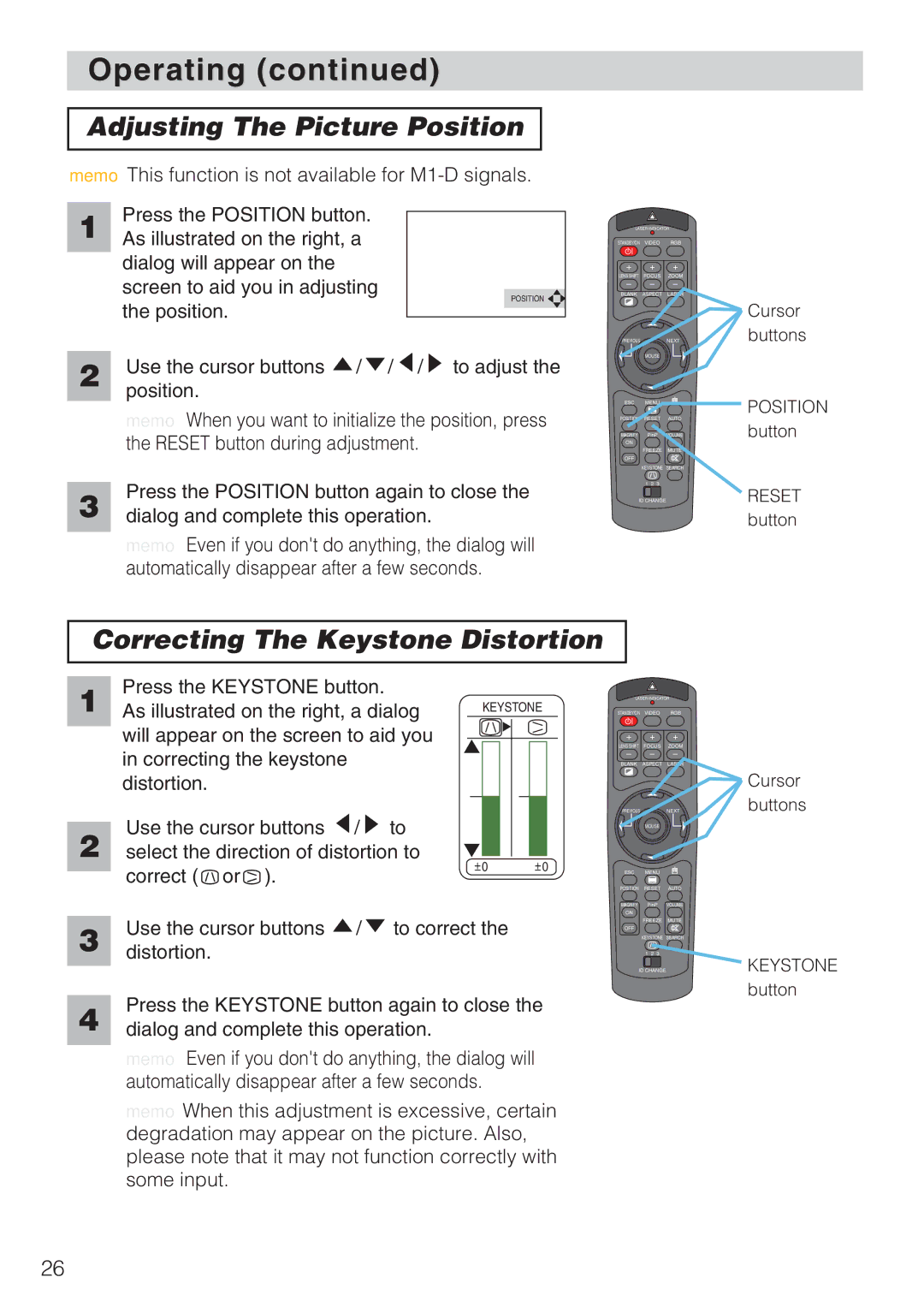 Toshiba TLP-SX3500 user manual Adjusting The Picture Position, Correcting The Keystone Distortion 