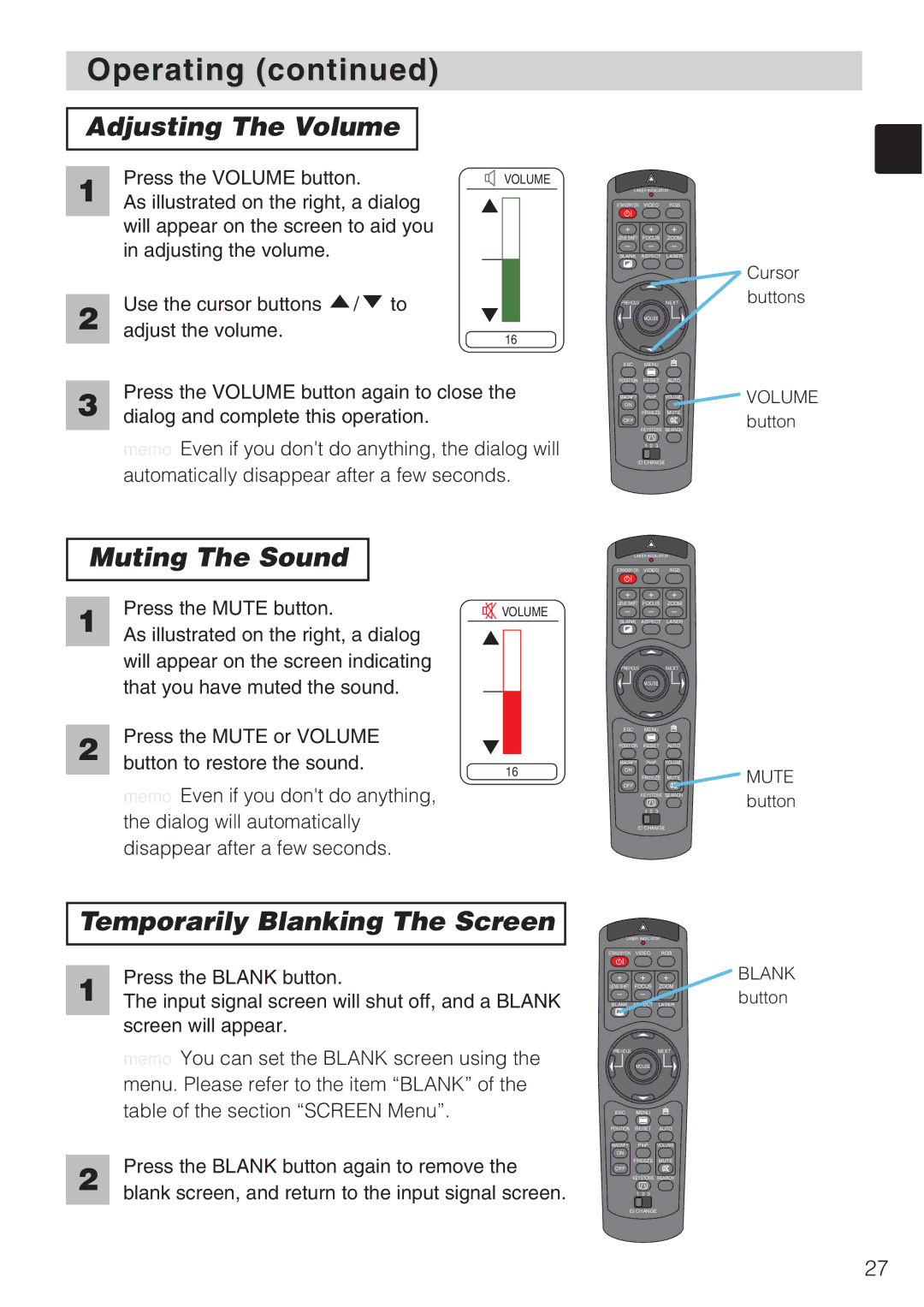 Toshiba TLP-SX3500 user manual Adjusting The Volume, Muting The Sound, Temporarily Blanking The Screen 