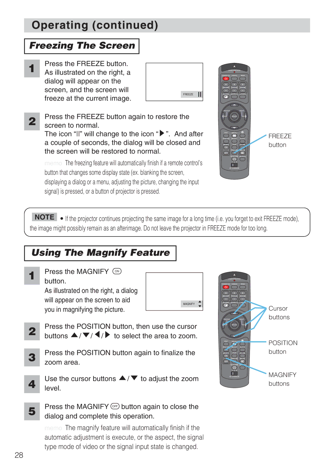 Toshiba TLP-SX3500 user manual Freezing The Screen, Using The Magnify Feature 