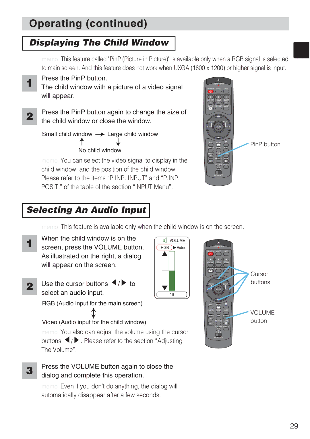 Toshiba TLP-SX3500 user manual Displaying The Child Window, Selecting An Audio Input 