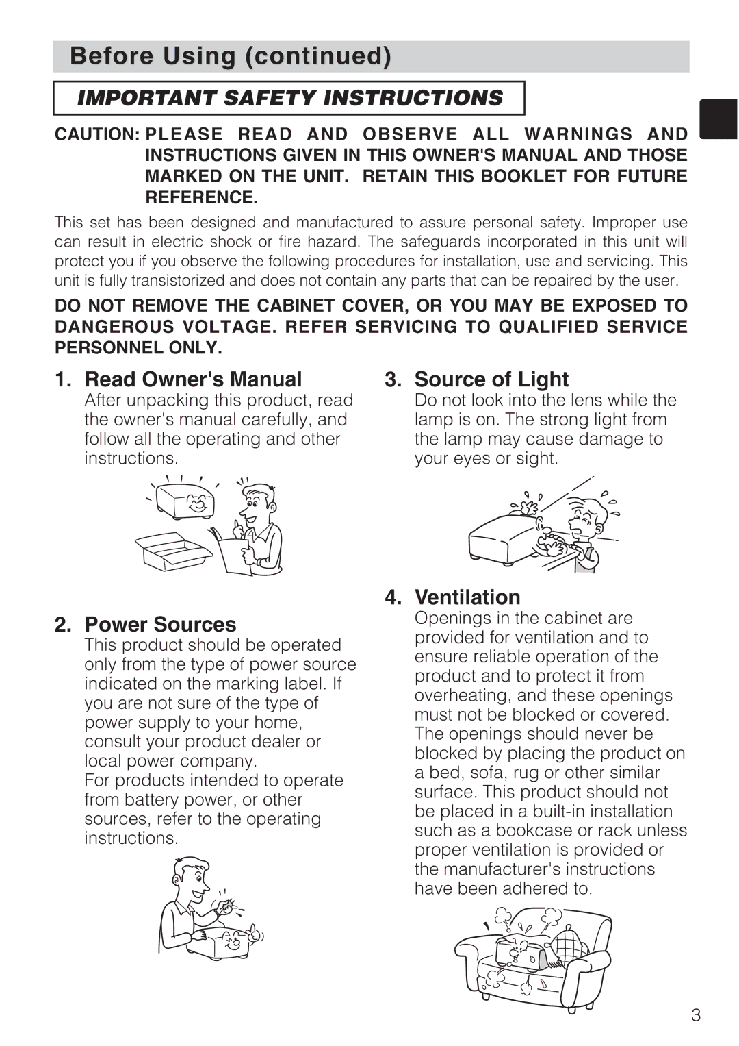 Toshiba TLP-SX3500 user manual Source of Light, Power Sources, Ventilation 