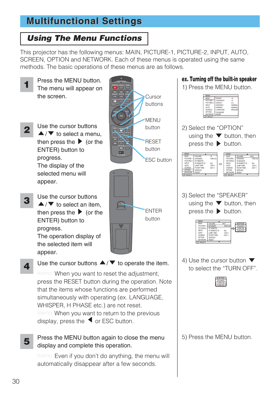 Toshiba TLP-SX3500 user manual Multifunctional Settings, Using The Menu Functions, Ex. Turning off the built-in speaker 