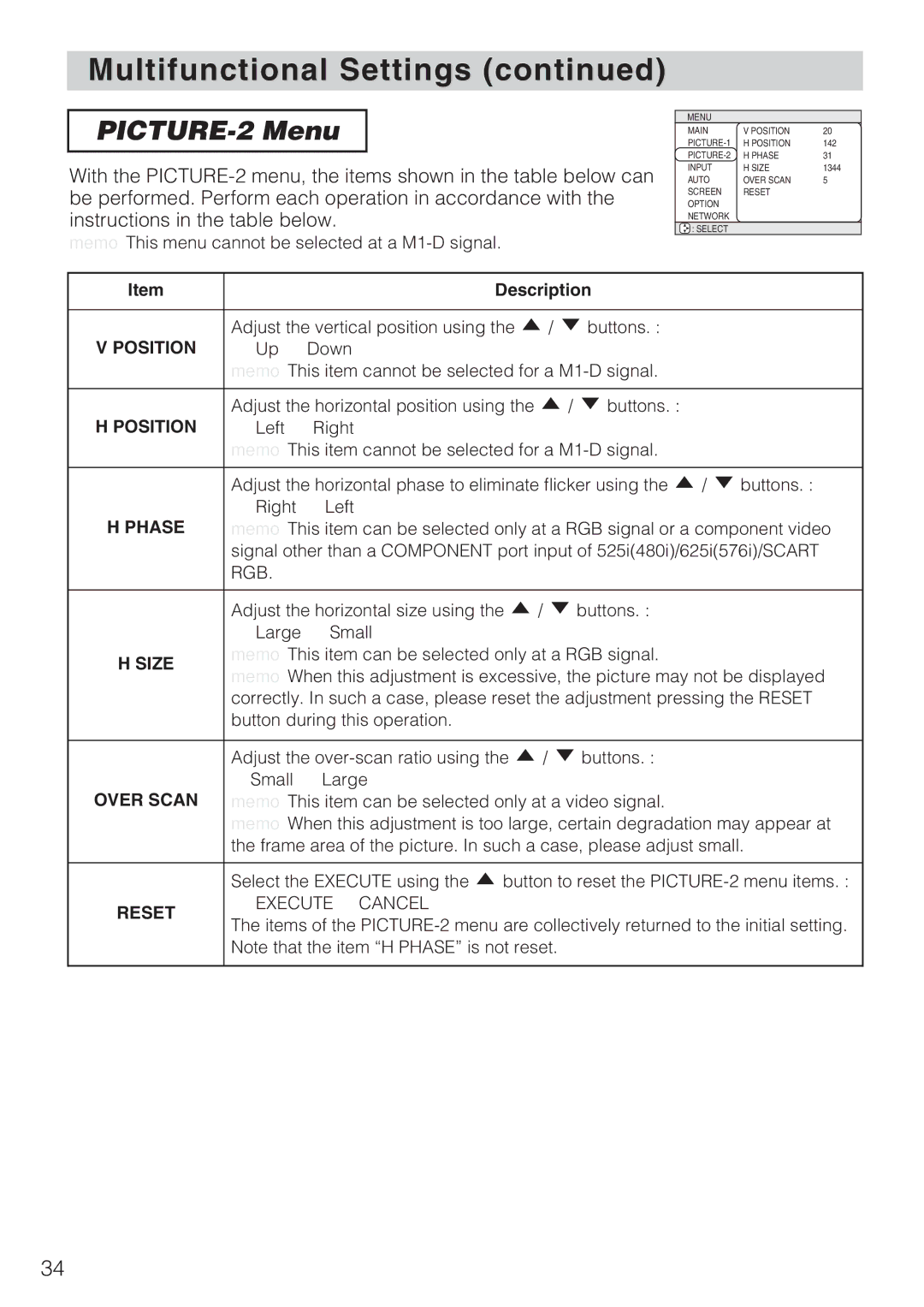 Toshiba TLP-SX3500 user manual PICTURE-2 Menu, Position, Size 