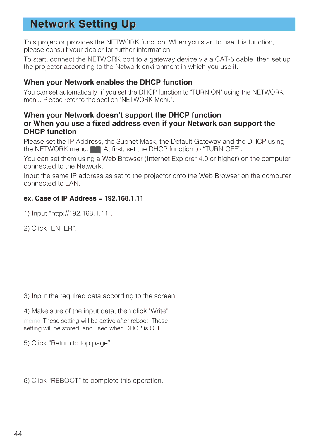 Toshiba TLP-SX3500 user manual Network Setting Up, Ex. Case of IP Address = 