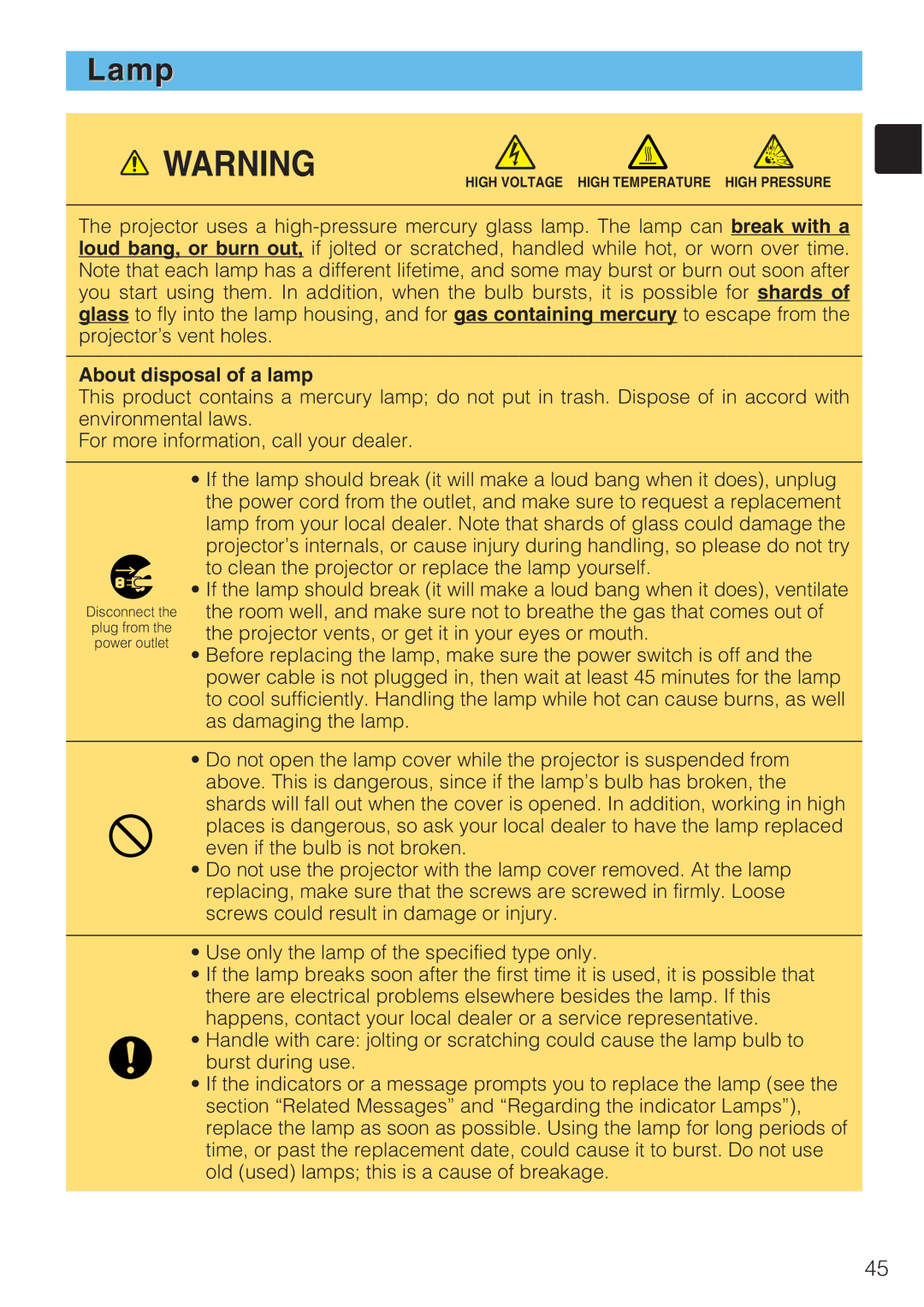 Toshiba TLP-SX3500 user manual Lamp, About disposal of a lamp 