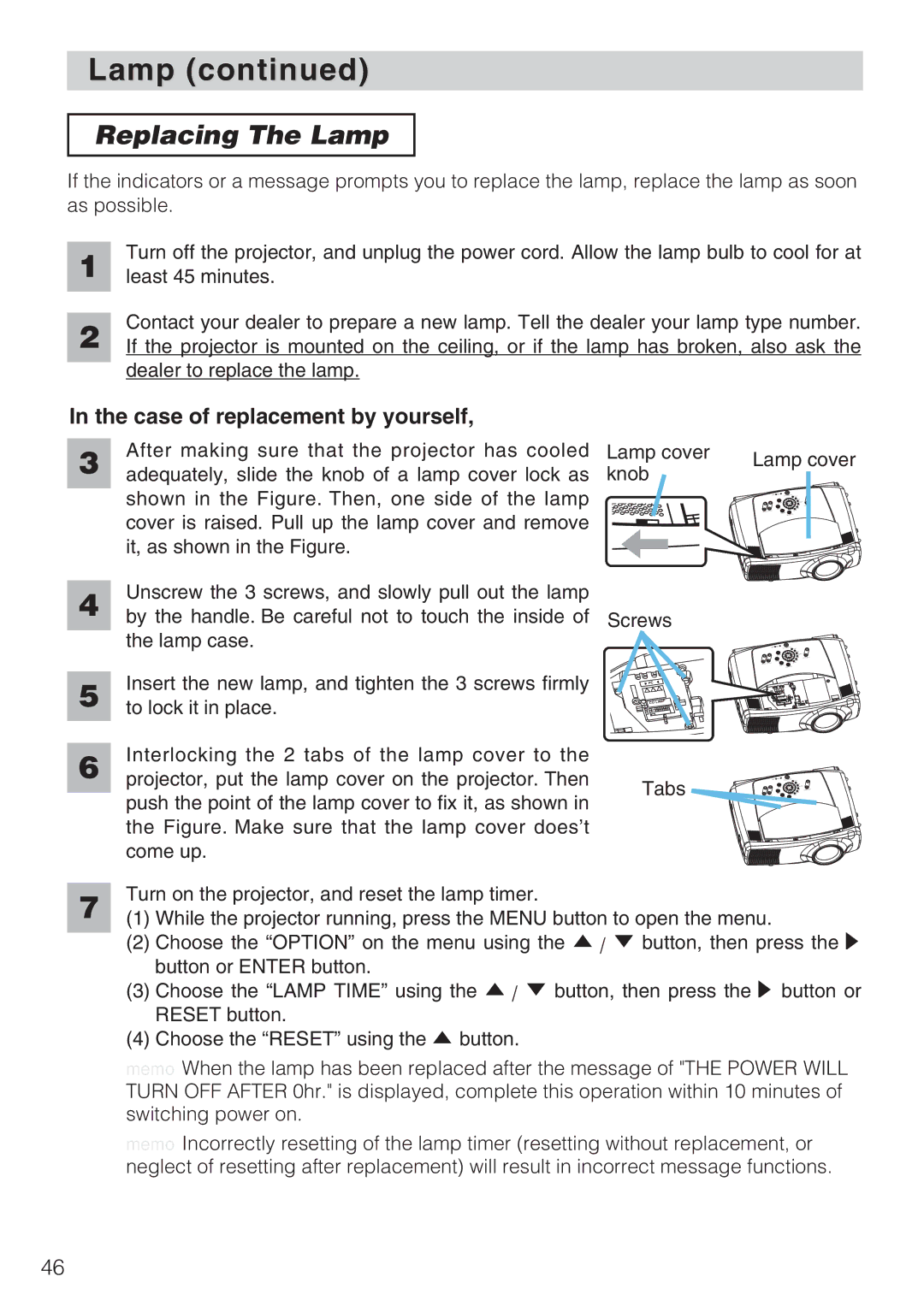 Toshiba TLP-SX3500 user manual Replacing The Lamp, Case of replacement by yourself 