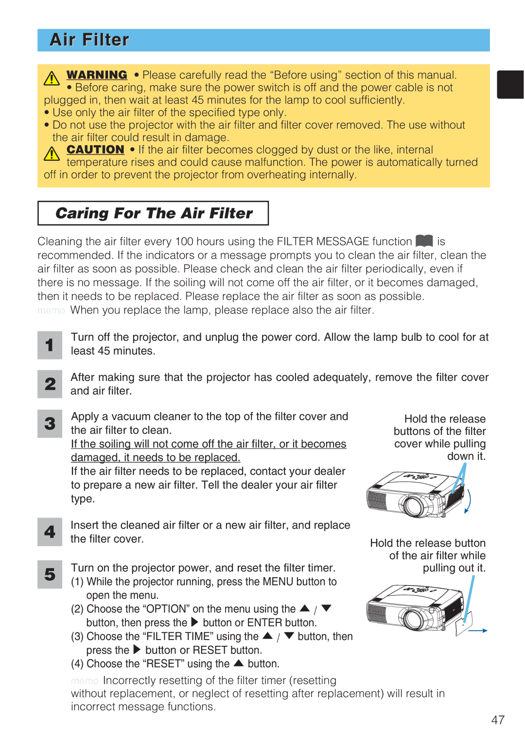 Toshiba TLP-SX3500 user manual Caring For The Air Filter 