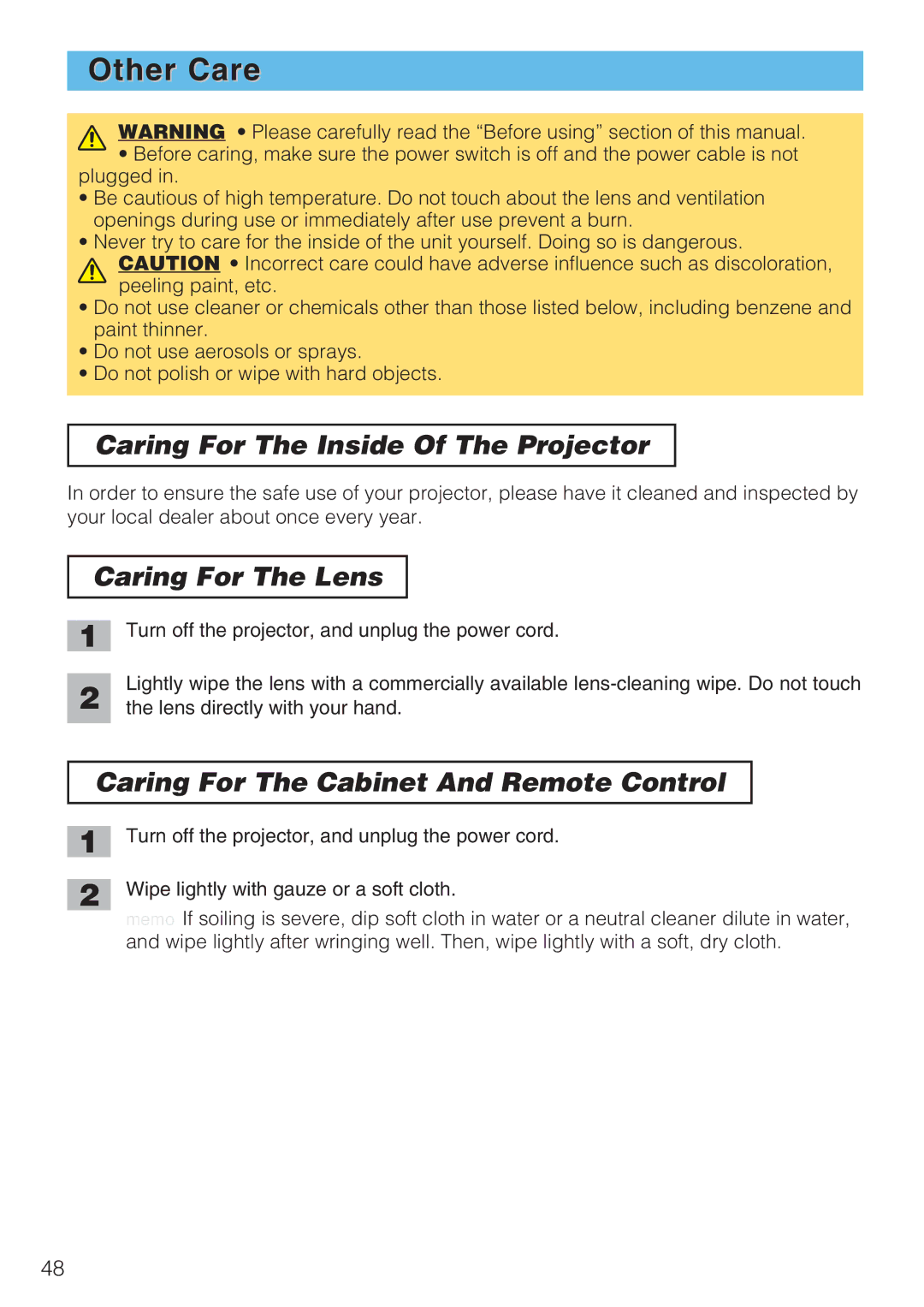 Toshiba TLP-SX3500 user manual Other Care, Caring For The Inside Of The Projector, Caring For The Lens 