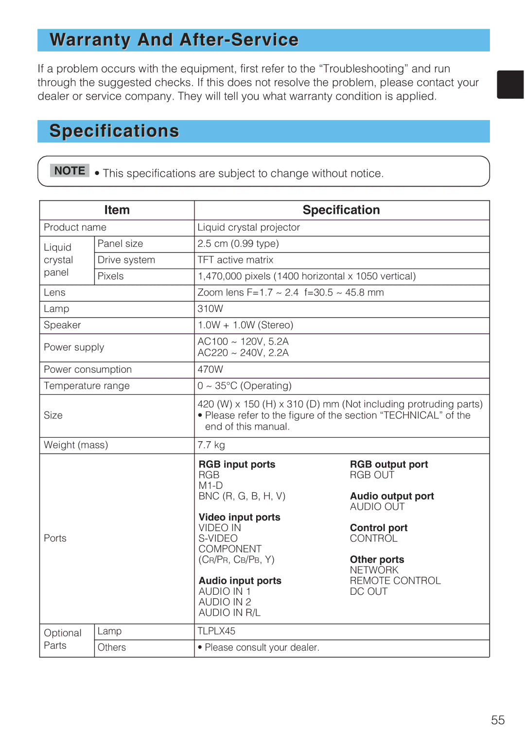 Toshiba TLP-SX3500 user manual Warranty And After-Service, Specifications 