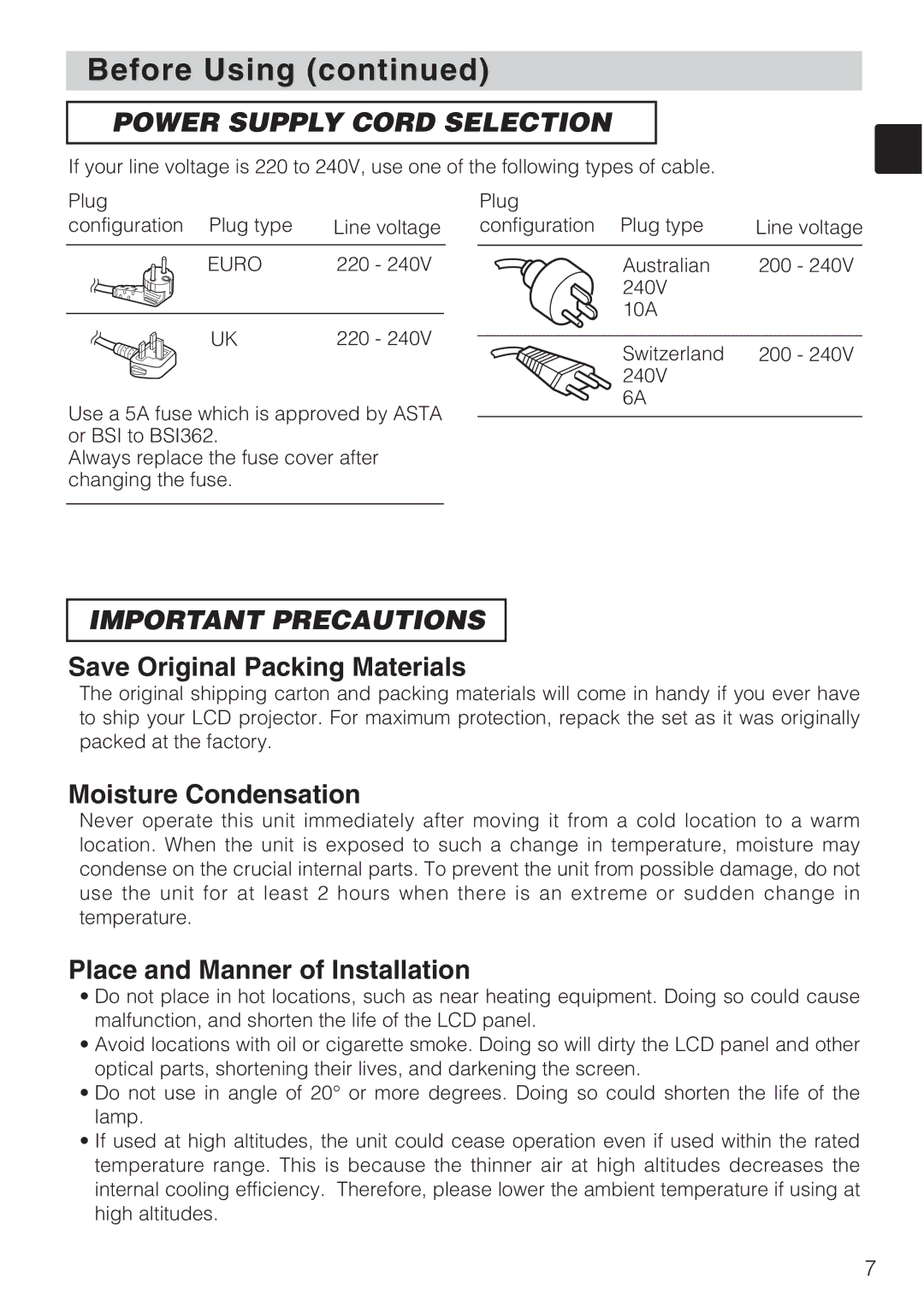 Toshiba TLP-SX3500 user manual Save Original Packing Materials, Moisture Condensation, Place and Manner of Installation 