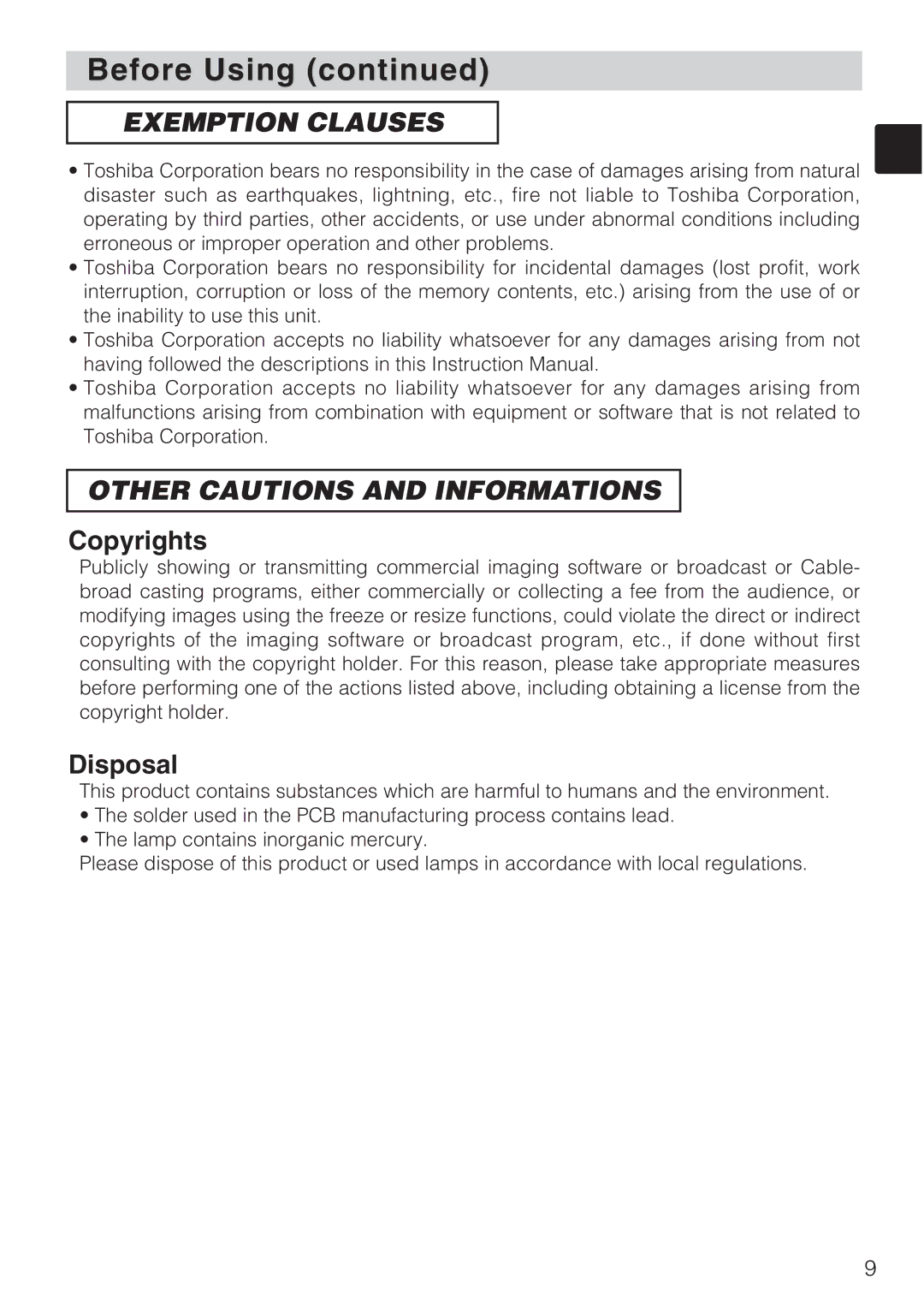 Toshiba TLP-SX3500 user manual Copyrights, Disposal 