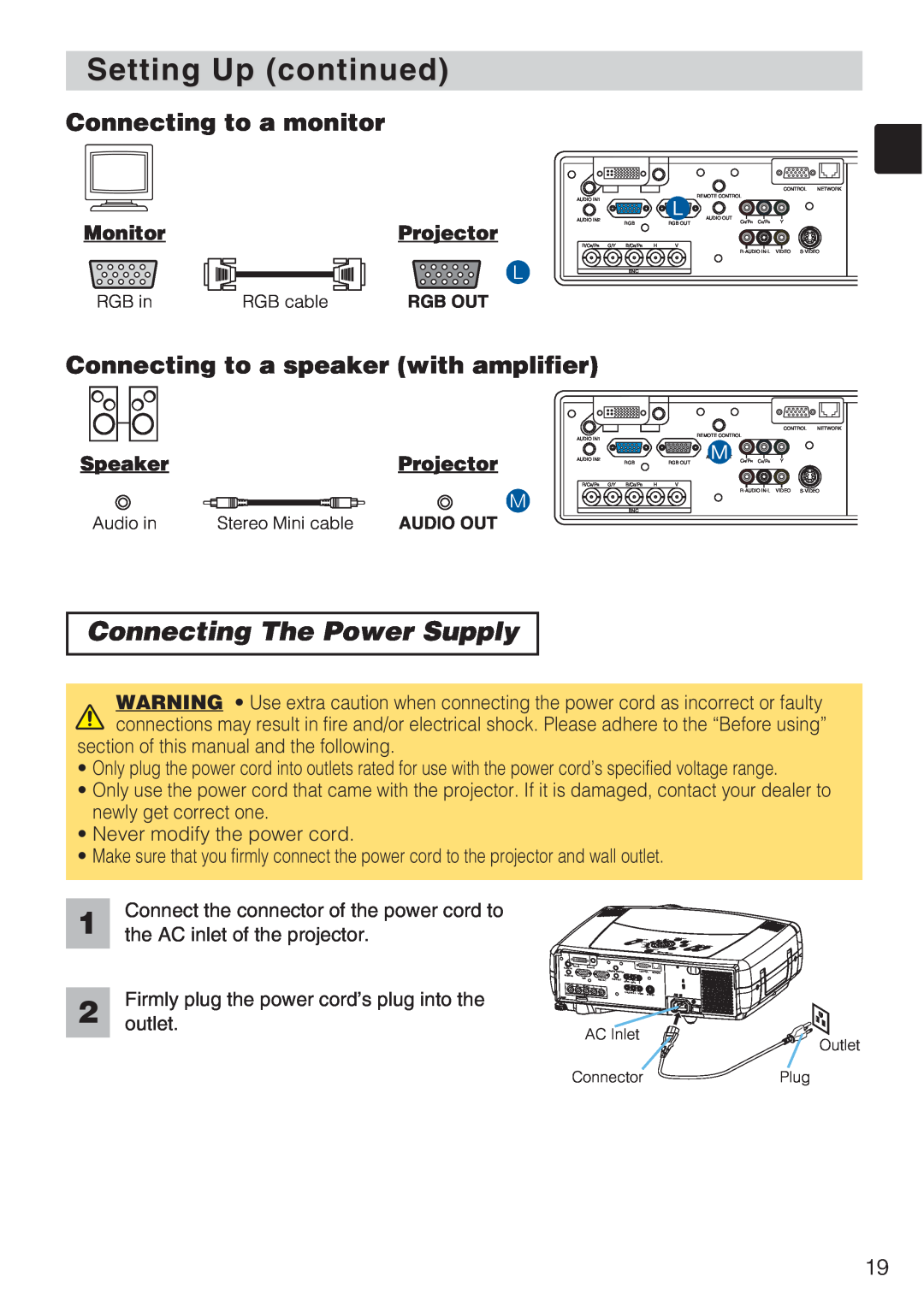 Toshiba TLP-SX3500 user manual Connecting The Power Supply, Setting Up continued, Connecting to a monitor, MonitorProjector 