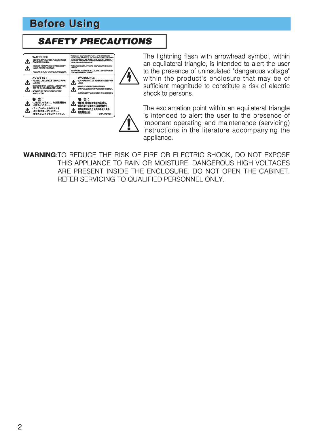 Toshiba TLP-SX3500 user manual Before Using, Safety Precautions 