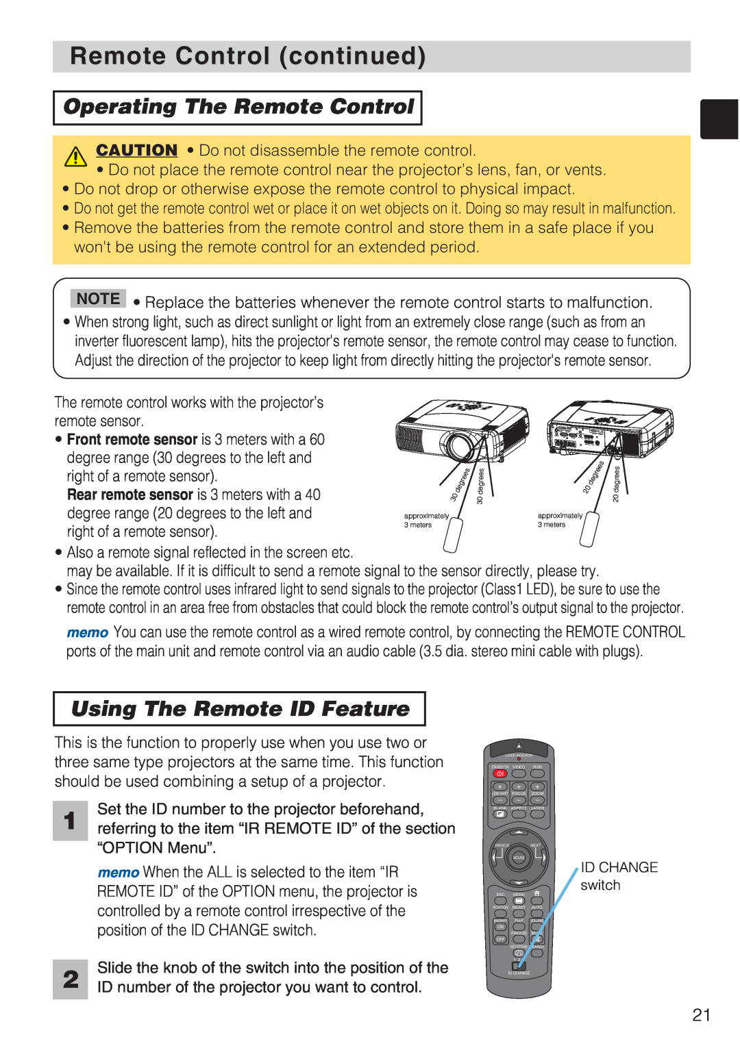 Toshiba TLP-SX3500 user manual Remote Control continued, Operating The Remote Control, Using The Remote ID Feature 