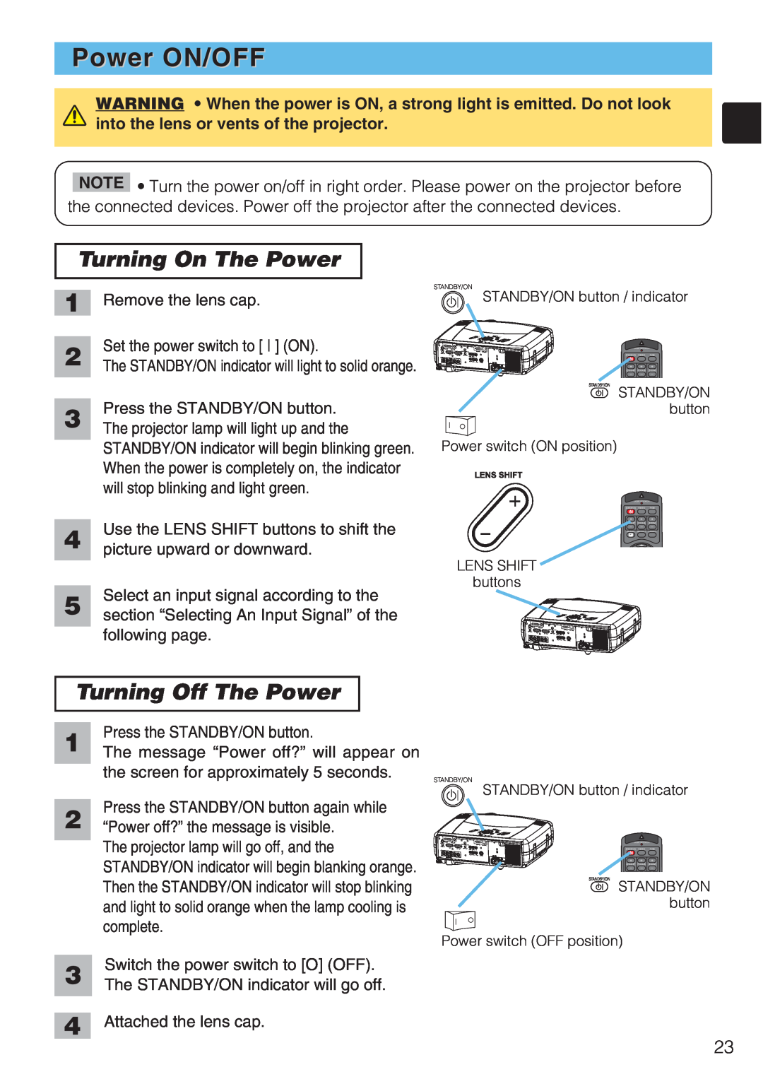 Toshiba TLP-SX3500 user manual Power ON/OFF, Turning On The Power, Turning Off The Power 