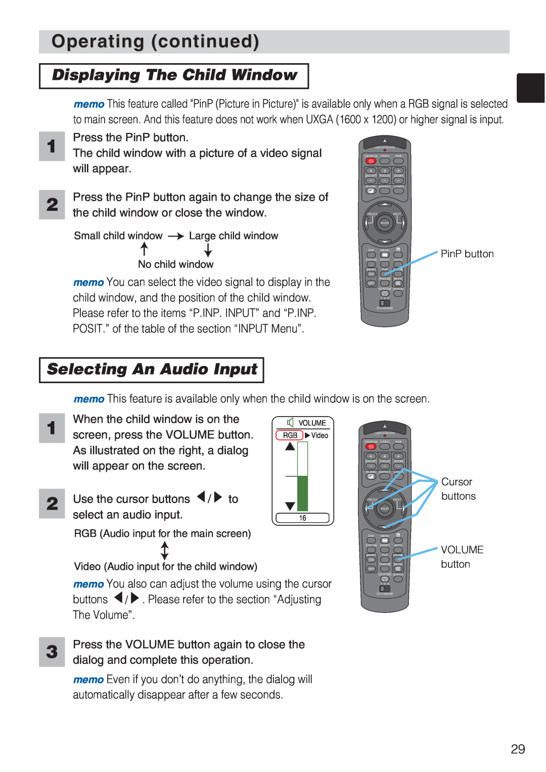 Toshiba TLP-SX3500 user manual Displaying The Child Window, Selecting An Audio Input, Operating continued, Video 