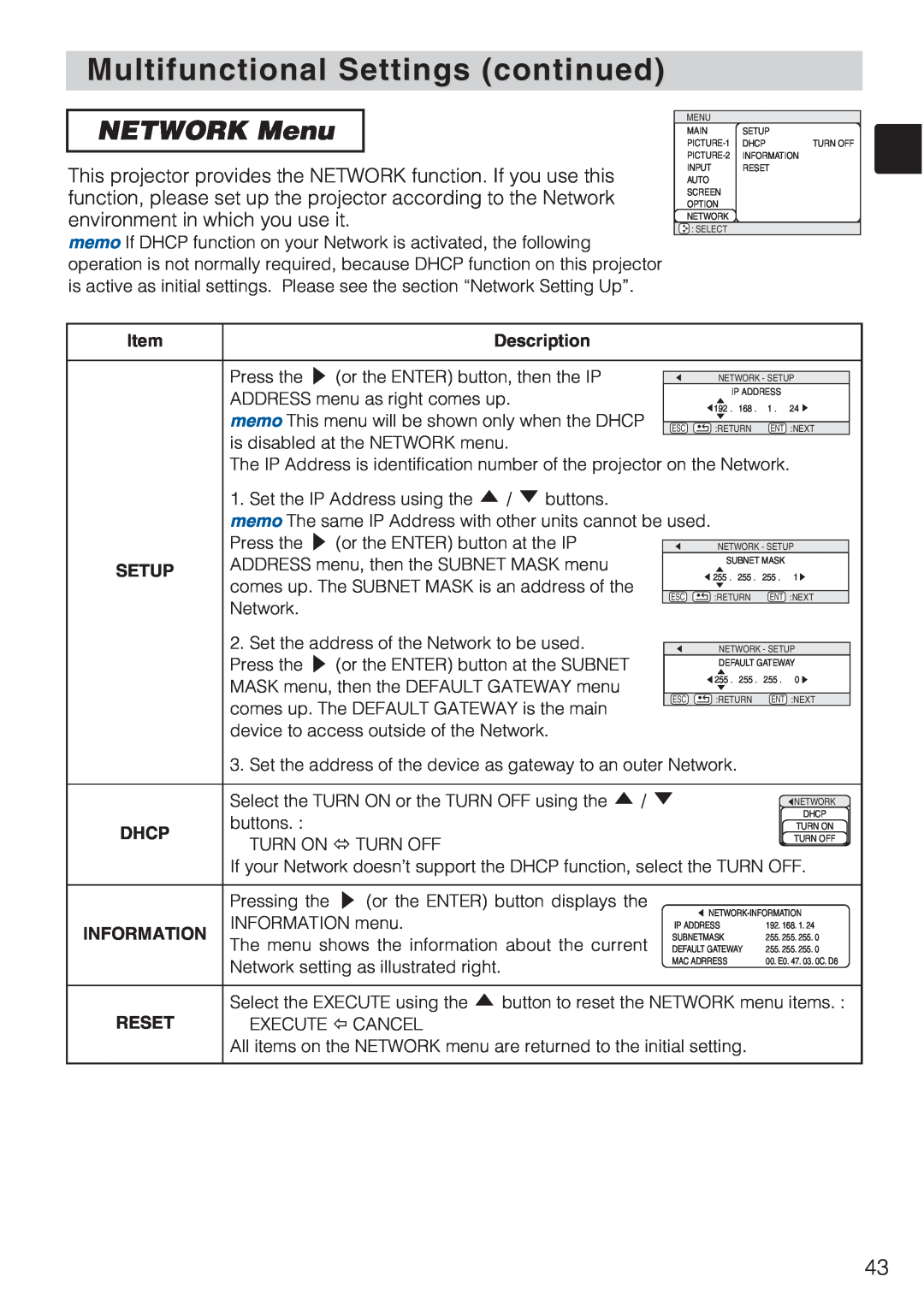 Toshiba TLP-SX3500 user manual NETWORK Menu, Multifunctional Settings continued 