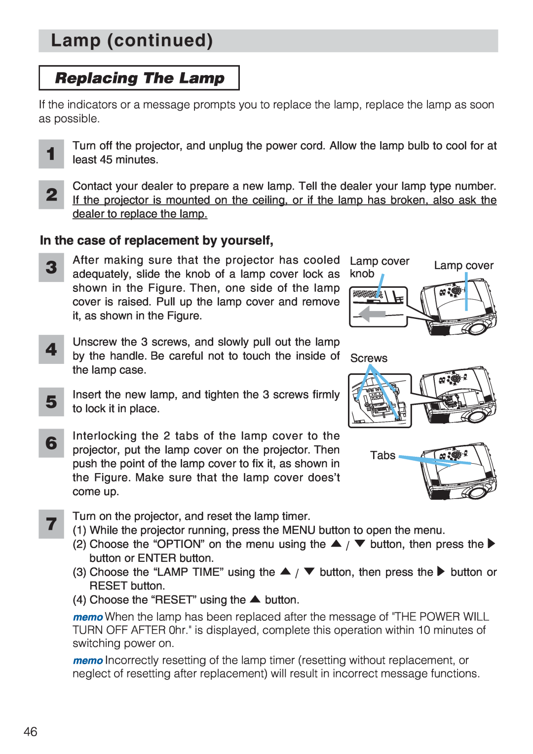 Toshiba TLP-SX3500 user manual Lamp continued, Replacing The Lamp 