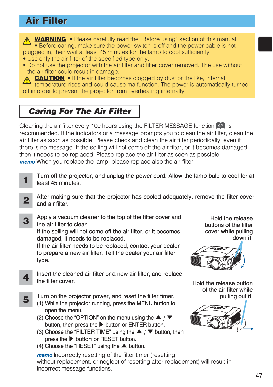 Toshiba TLP-SX3500 user manual Caring For The Air Filter 