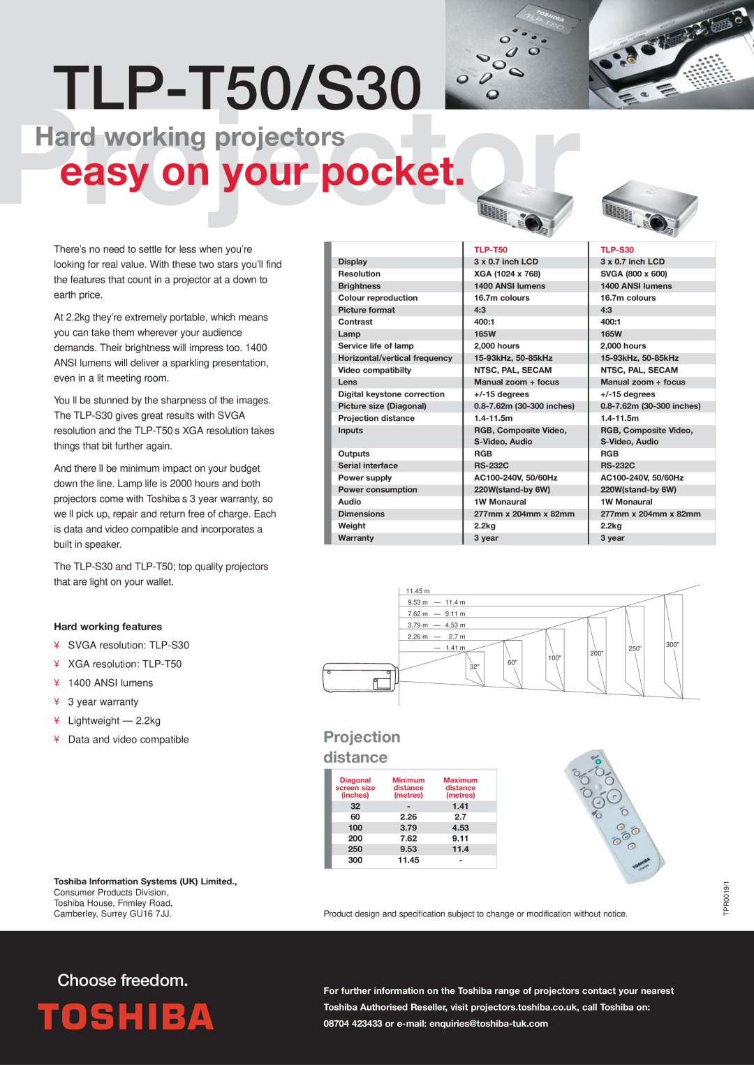 Toshiba TLP-S30 warranty TLP-T50/S30, Easy on your pocket, Projection distance, Hard working features 