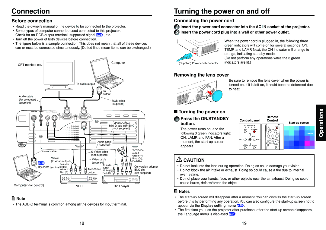 Toshiba TLP-T50M owner manual Connection, Turning the power on and off, Operations 