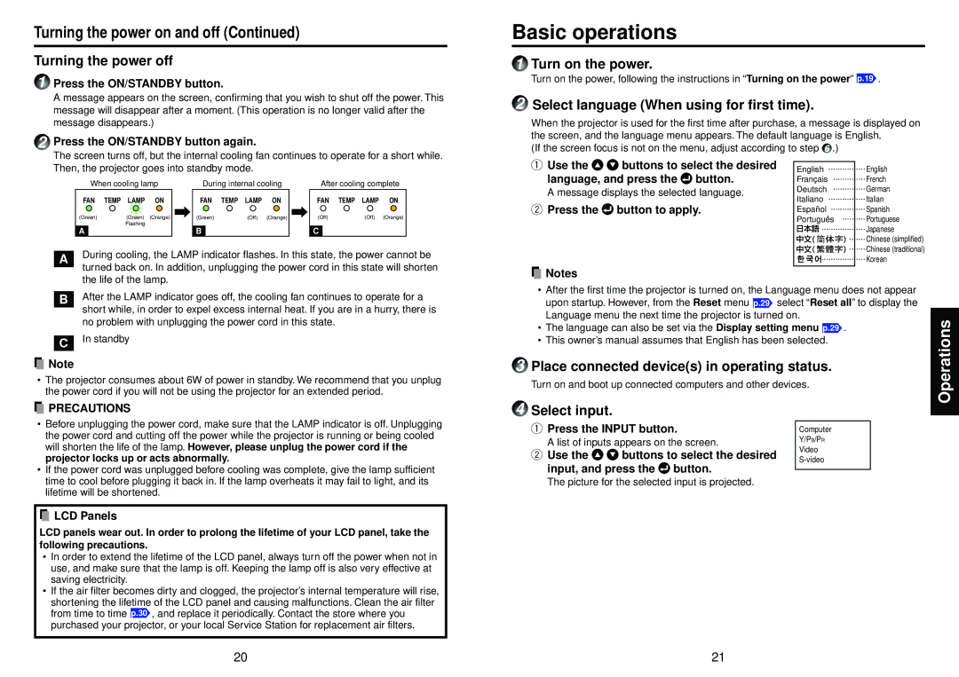 Toshiba TLP-T50M owner manual Basic operations 