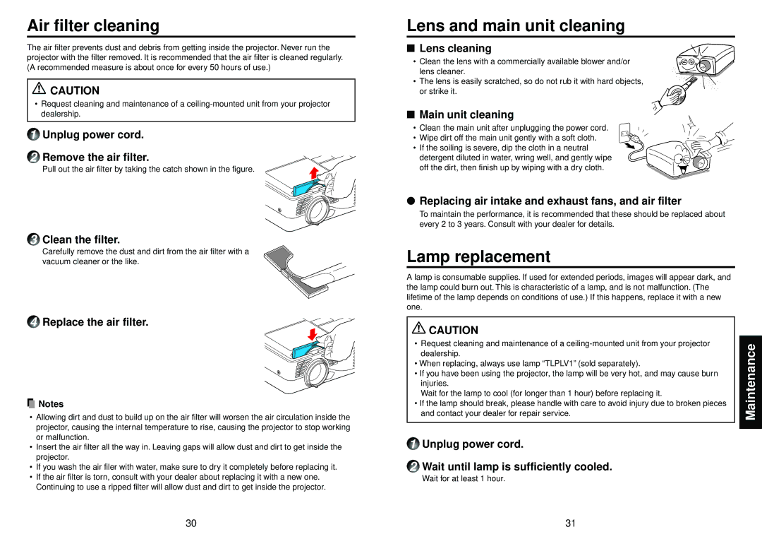 Toshiba TLP-T50M owner manual Air filter cleaning, Lens and main unit cleaning, Lamp replacement, Maintenance 