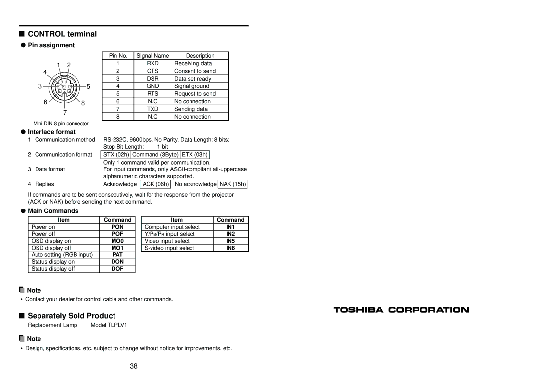 Toshiba TLP-T50M owner manual Control terminal, Separately Sold Product, Pin assignment, Interface format, Main Commands 