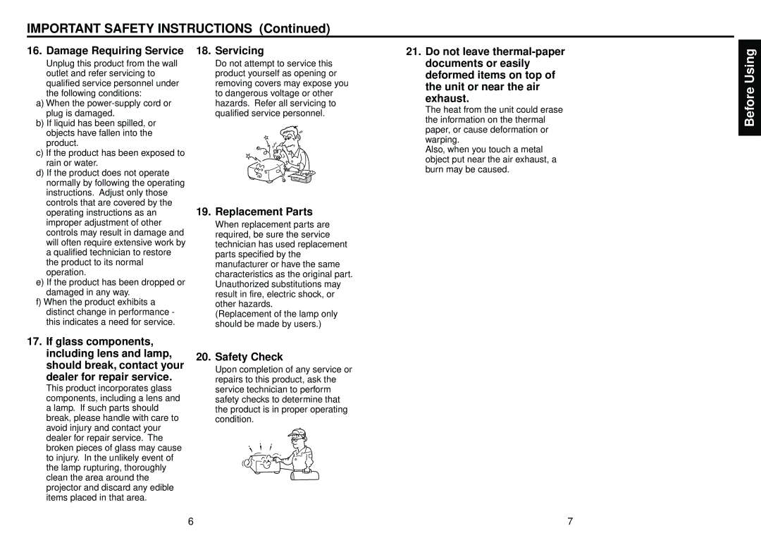 Toshiba TLP-T50M owner manual Before Using, Damage Requiring Service, Servicing, Replacement Parts, Safety Check 