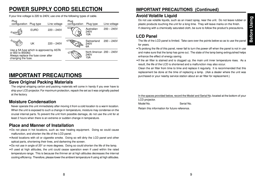 Toshiba TLP-T50M owner manual Important Precautions Avoid Volatile Liquid, LCD Panel, Save Original Packing Materials 