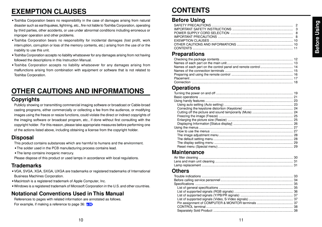 Toshiba TLP-T50M owner manual Exemption Clauses 