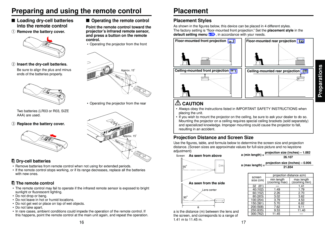 Toshiba TLP-T50M Preparing and using the remote control Placement, Loading dry-cell batteries into the remote control 