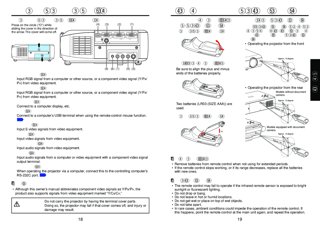 Toshiba TLP-T72 Loading dry-cell batteries Into the remote control, Remove the battery cover, Replace the battery cover 