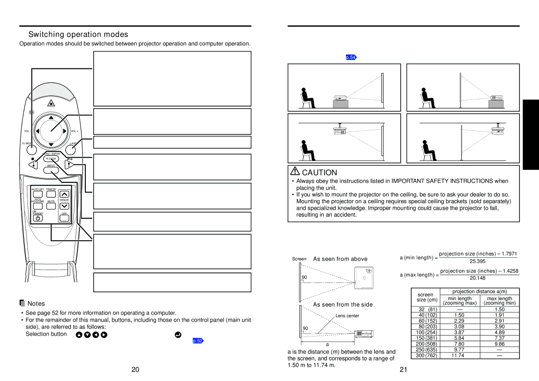 Toshiba TLP-T72 owner manual Preparing and using the remote control, Switching operation modes, Placement Styles 