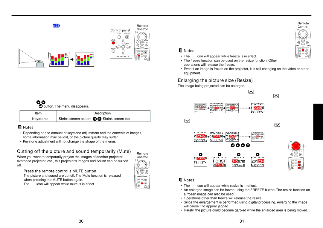 Toshiba TLP-T72 owner manual Using handy features, Enlarging the picture size Resize 