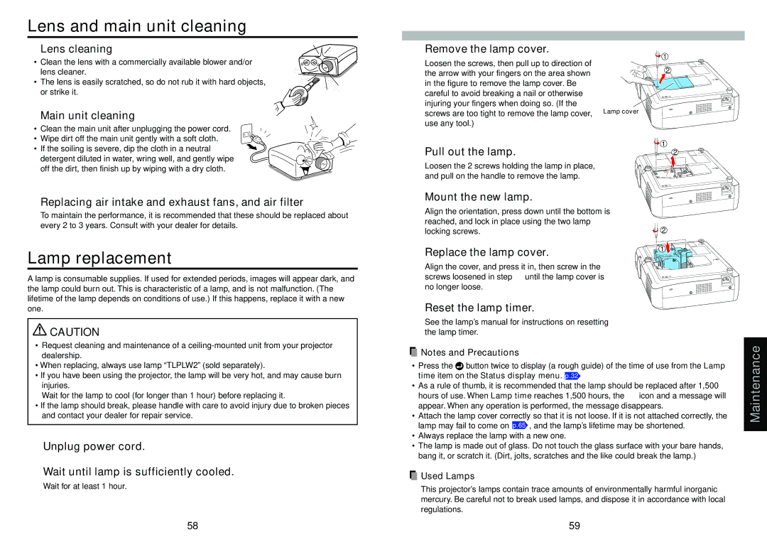 Toshiba TLP-T72 owner manual Lens and main unit cleaning, Lamp replacement 