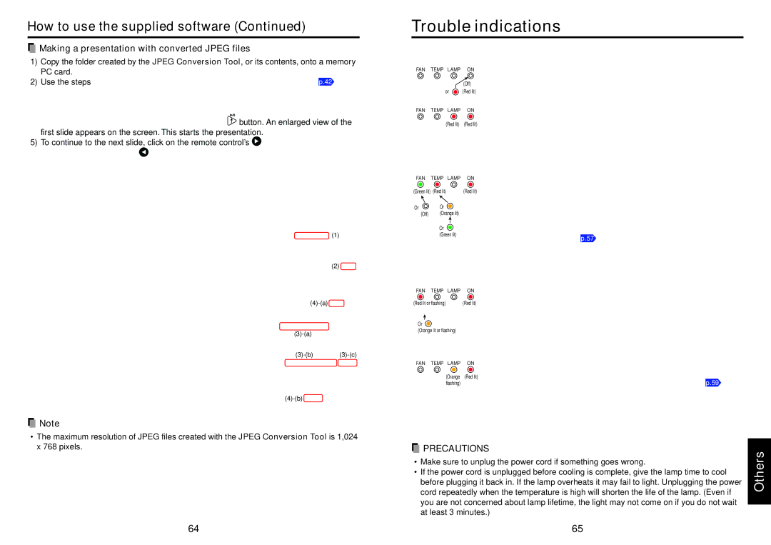 Toshiba TLP-T72 owner manual Trouble indications, Making a presentation with converted Jpeg files, No power 