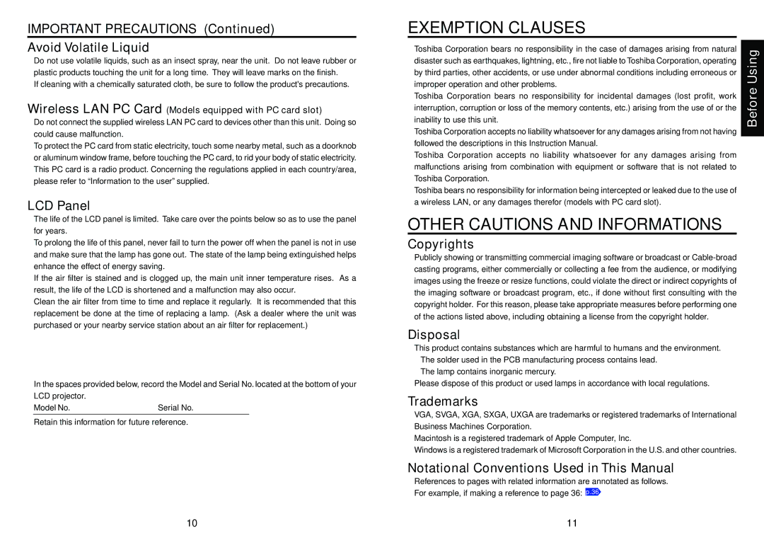 Toshiba TLP-T72 owner manual Important Precautions Avoid Volatile Liquid, LCD Panel, Copyrights, Disposal, Trademarks 