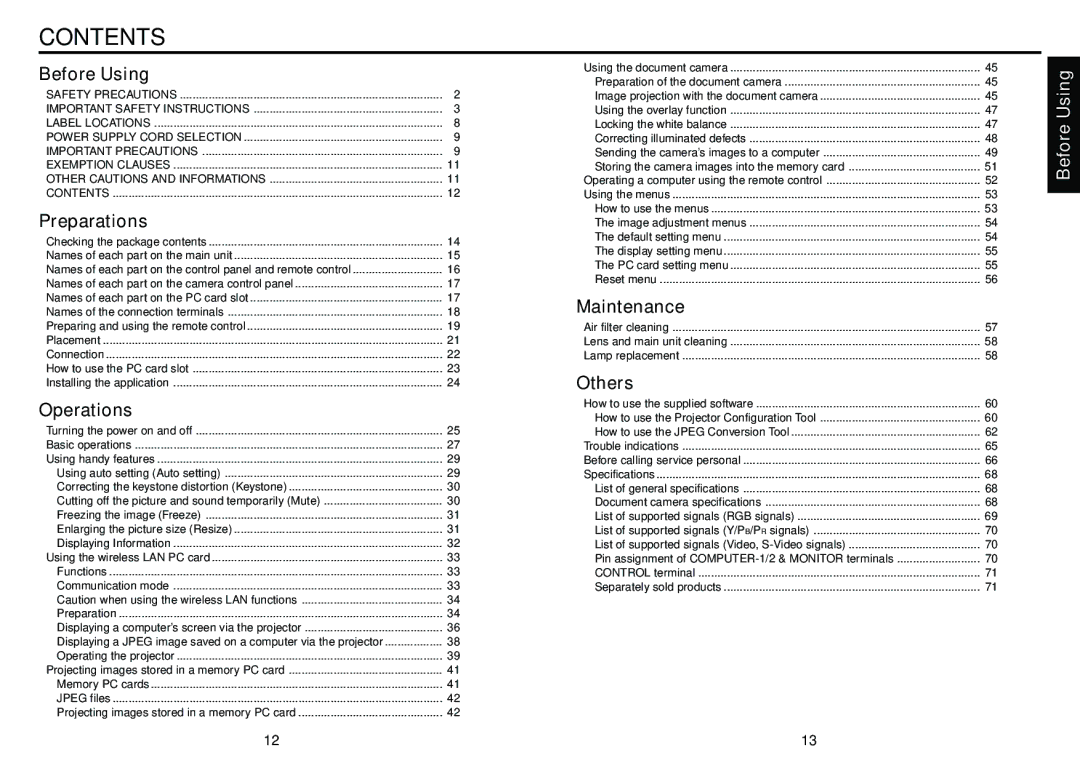 Toshiba TLP-T72 owner manual Contents 