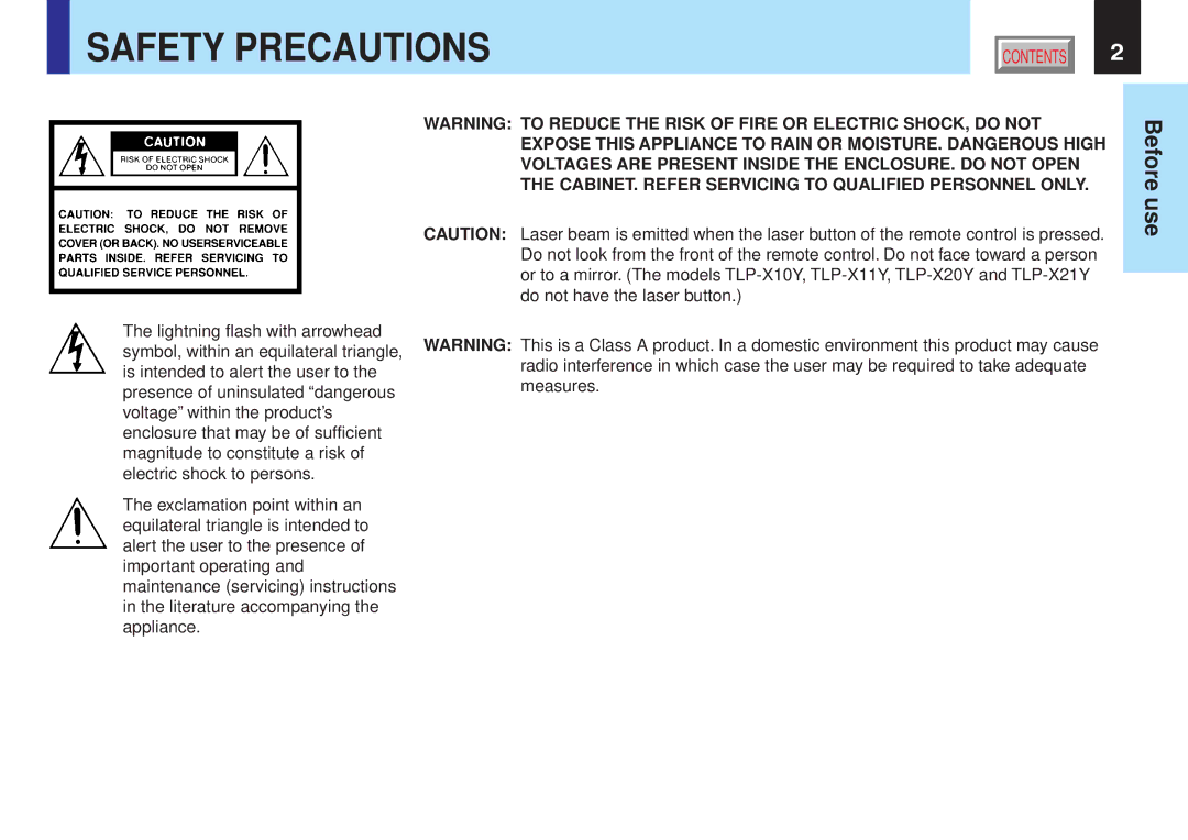 Toshiba TLP-X21E, TLP-X10Y, TLP-X20E, TLP-X20Y, TLP-X21Y, TLP-X10E, TLP-X11E, TLP-X11Y owner manual Safety Precautions 