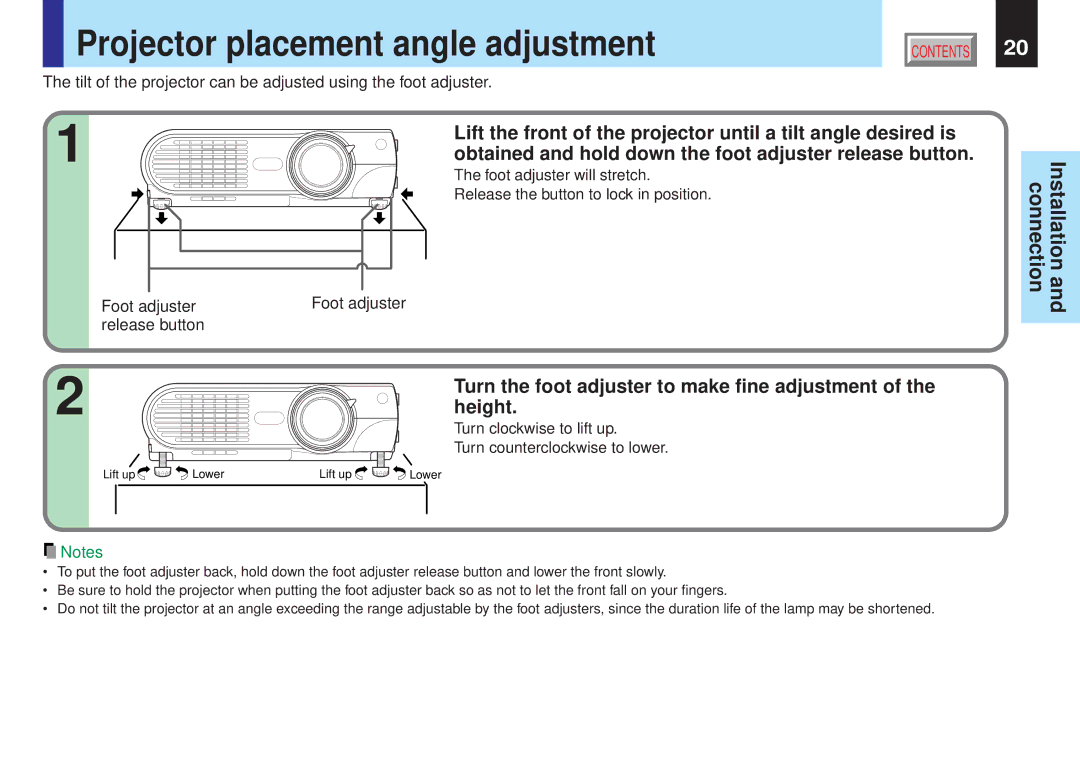 Toshiba TLP-X21Y, TLP-X10Y Projector placement angle adjustment, Turn clockwise to lift up Turn counterclockwise to lower 