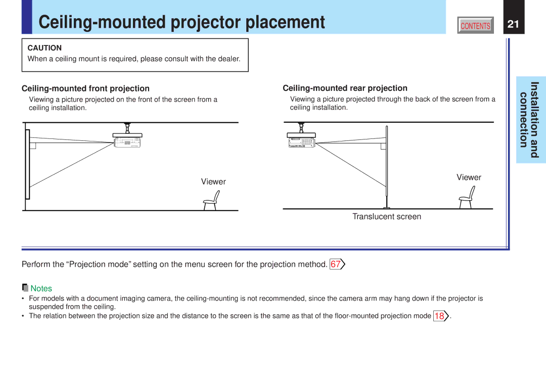 Toshiba TLP-X10E, TLP-X10Y, TLP-X20E, TLP-X21E, TLP-X20Y Ceiling-mounted projector placement, Installation and connection 