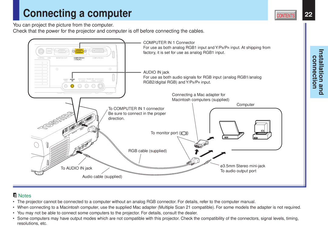 Toshiba TLP-X11E, TLP-X10Y, TLP-X20E, TLP-X21E, TLP-X20Y, TLP-X21Y, TLP-X10E, TLP-X11Y owner manual Connecting a computer 